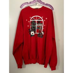 Vintage Crewneck Bear Rocker Window Christmas Chimney Poinsettia XXL